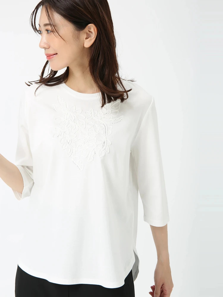 シルスムース エンブロイダリー カット Tシャツ プルオーバー トップス 