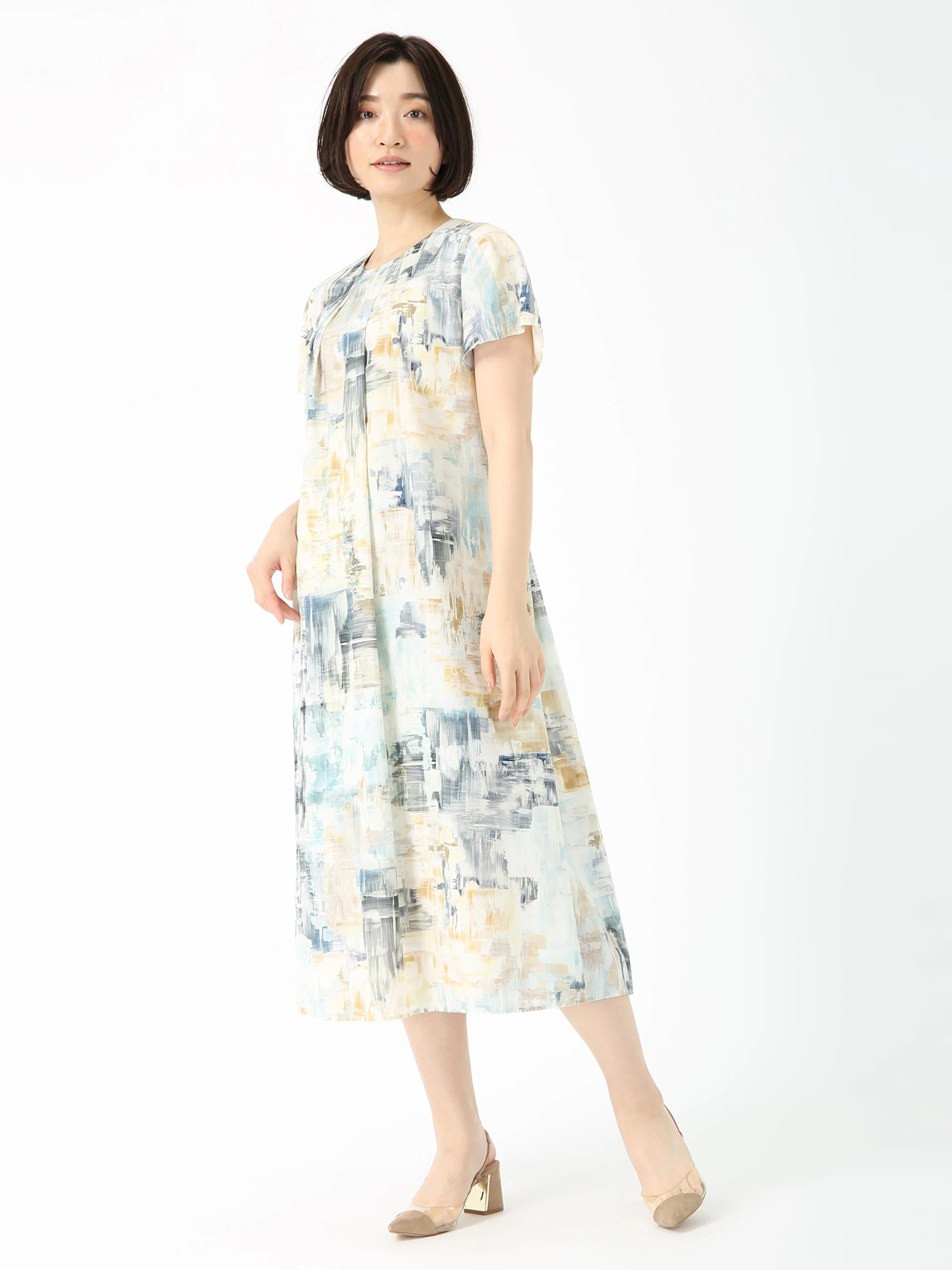PINORE（ピノーレ） 幾何学模様 半袖ワンピース （サイズ40） PINORE（ピノーレ） 幾何学模様 半袖ワンピース （サイズ40