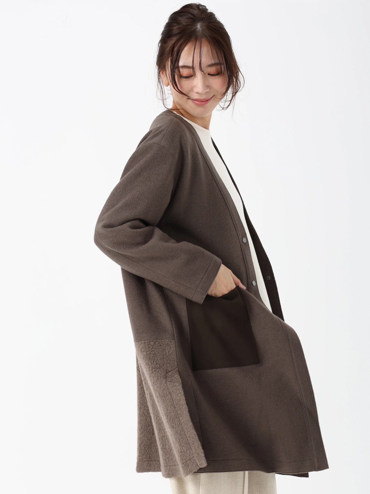 PINORE PINORE ロングカーディガン PINORE フリル付きグレーニット 