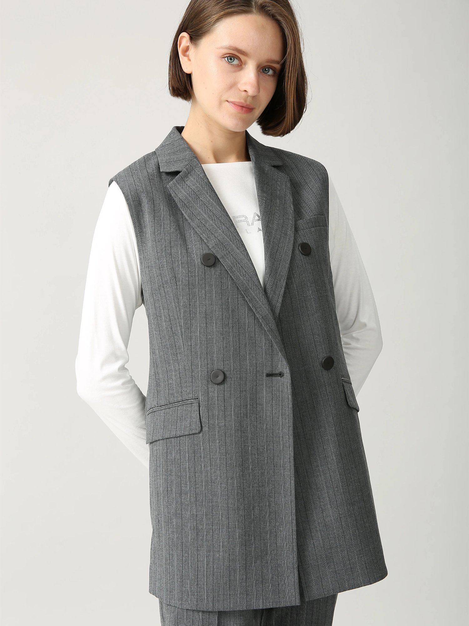 ヘリボーンストライプ ロング ジレ ベスト ｜ MORABITO BLANC