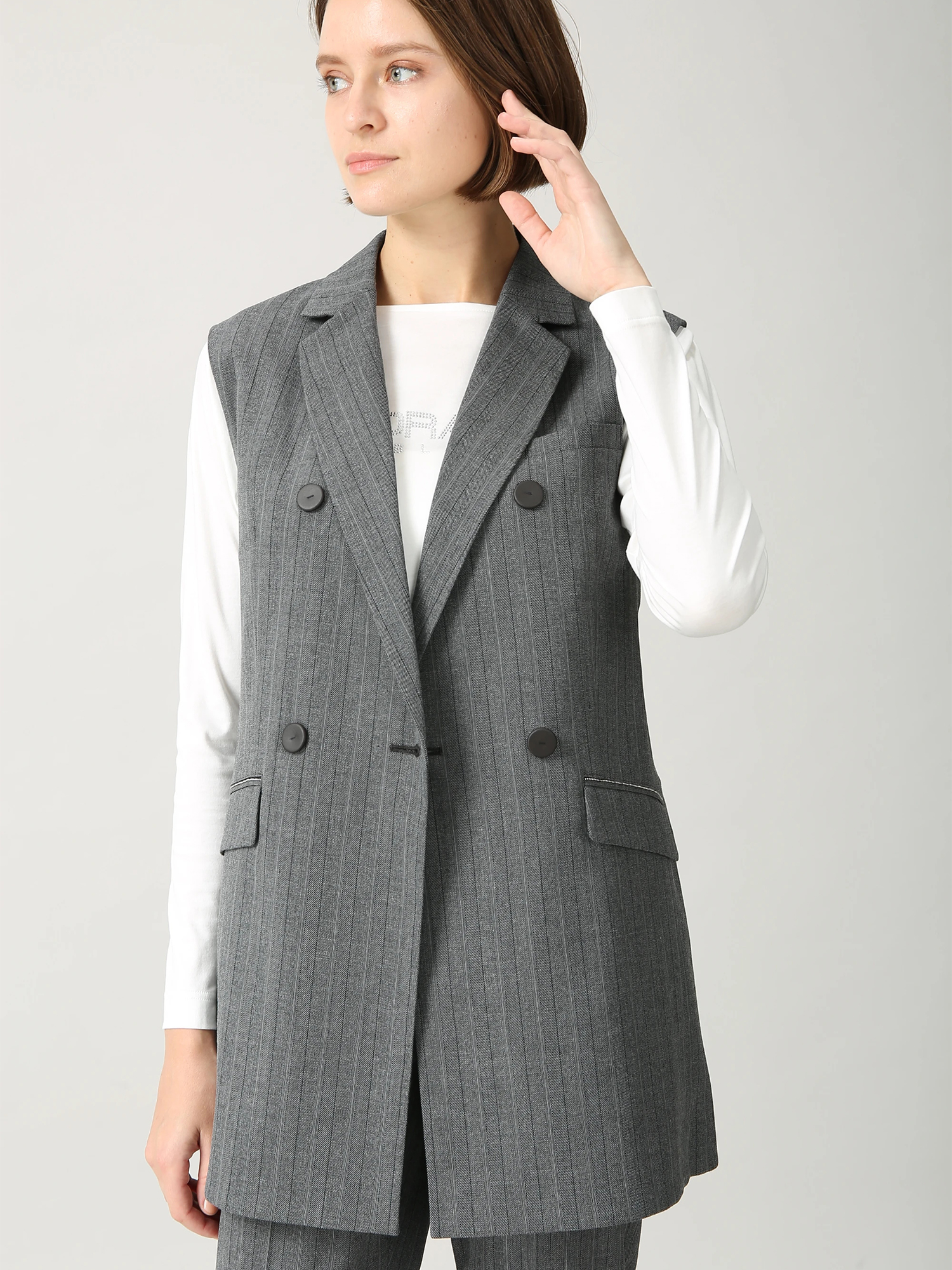 ヘリボーンストライプ ロング ジレ ベスト ｜ MORABITO BLANC