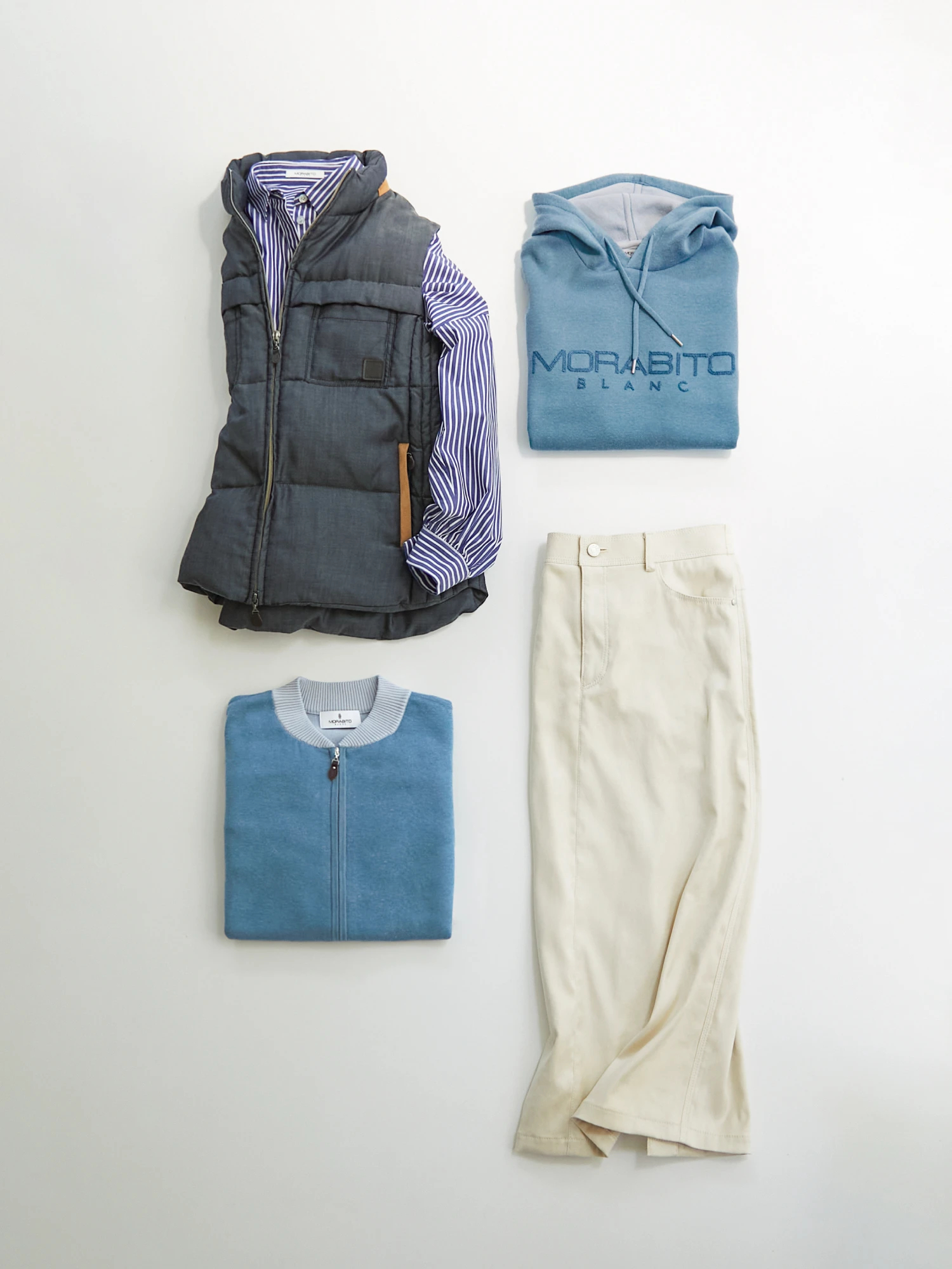 ★美品　モラビト　MORABITO　ブラン　ダウンベスト キュプラ デニム ライトダウン ベスト ジレ ｜ MORABITO BLANC