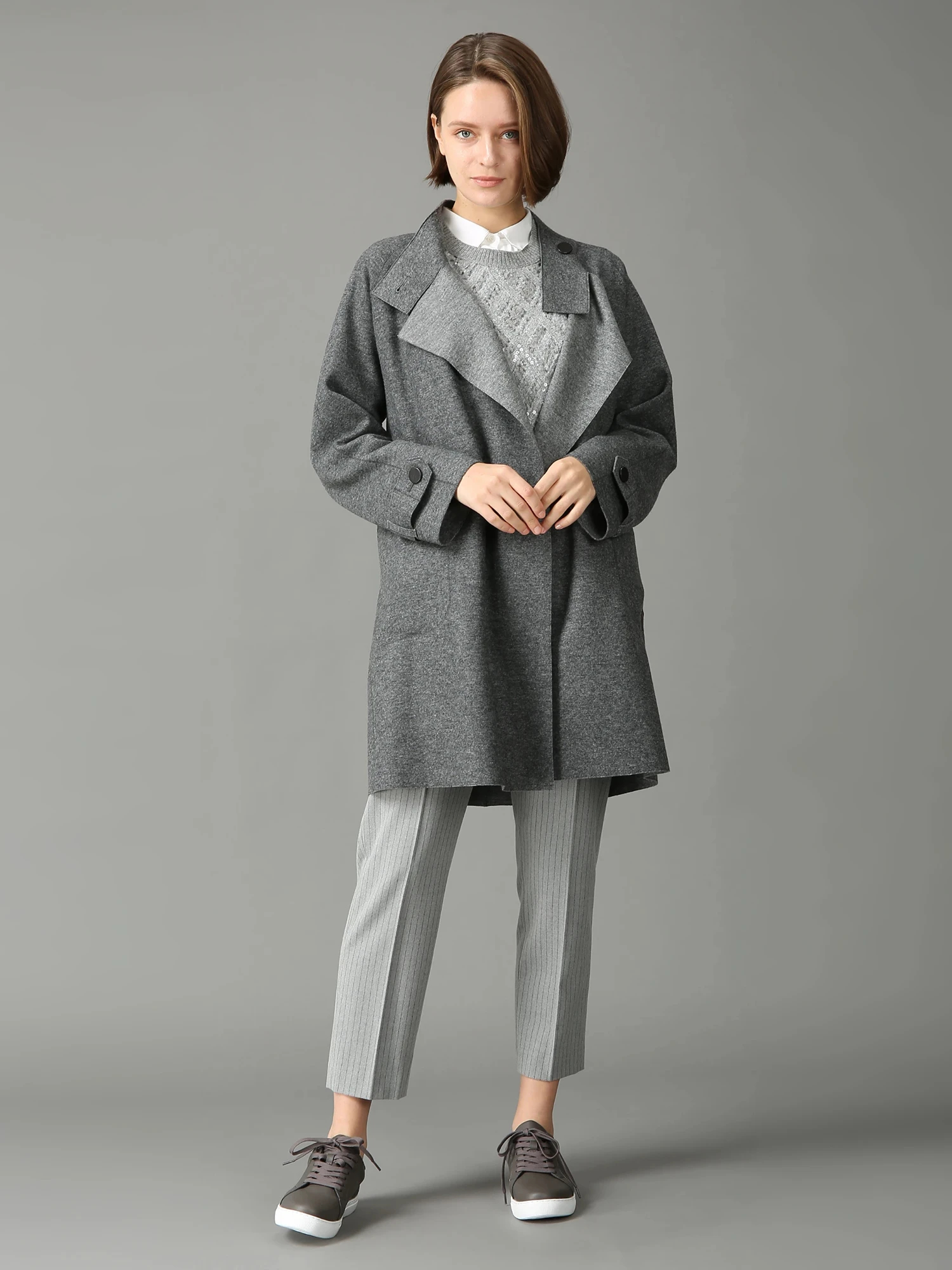 MORABITO モラビト　ノーカラーコート　アンゴラ混　グレー エクラ掲載】【日本製】 ウールカシミヤリバー コート ｜ MORABITO