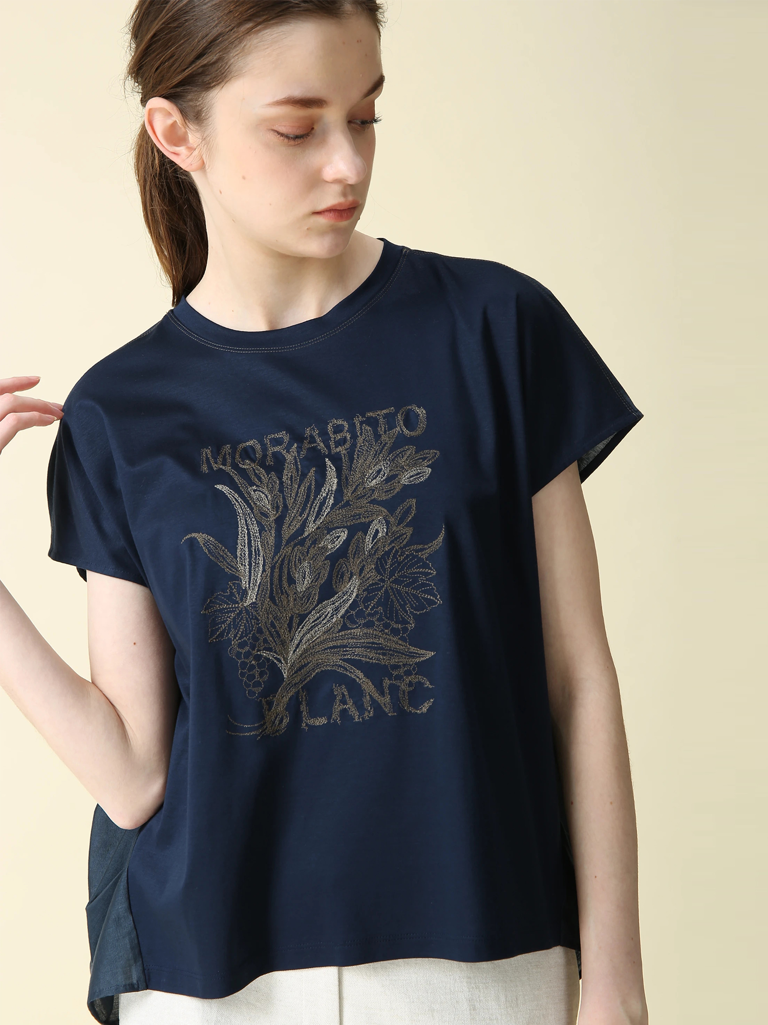 日本製】ラメ糸刺しゅう ギザリヨセルスムース カットソー Tシャツ 