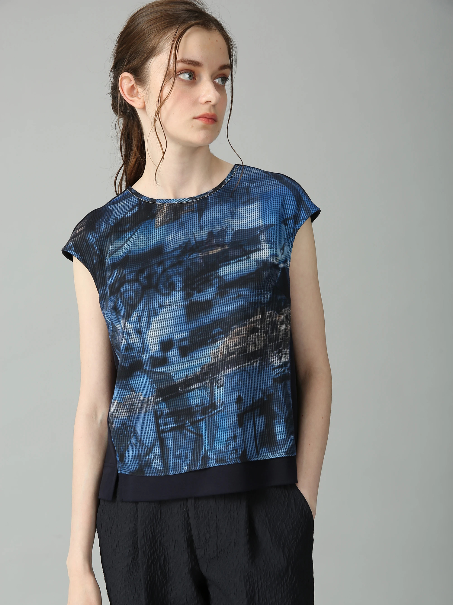 新品・39,600円☆MORABITO SPELL/カットソー ◎手洗い可 シティシアープリント カットソー ノースリーブ Tシャツ