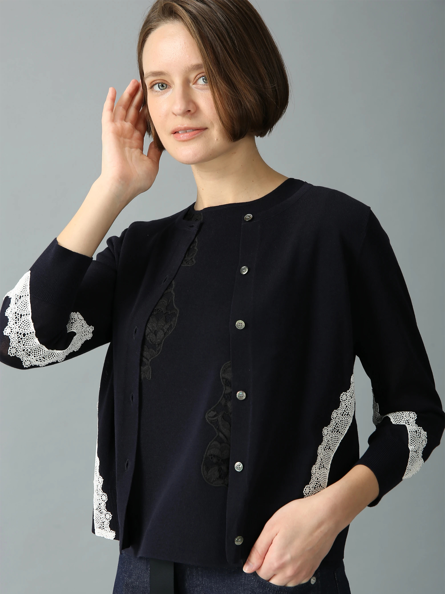 CASHIRY COTTON レース付き ニット カーディガン ｜ MORABITO SPELL