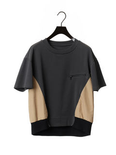 PRIDE(プライド) |【日本製】異素材 タフタ ロゴ プリント ドッキング プルオーバー Tシャツ